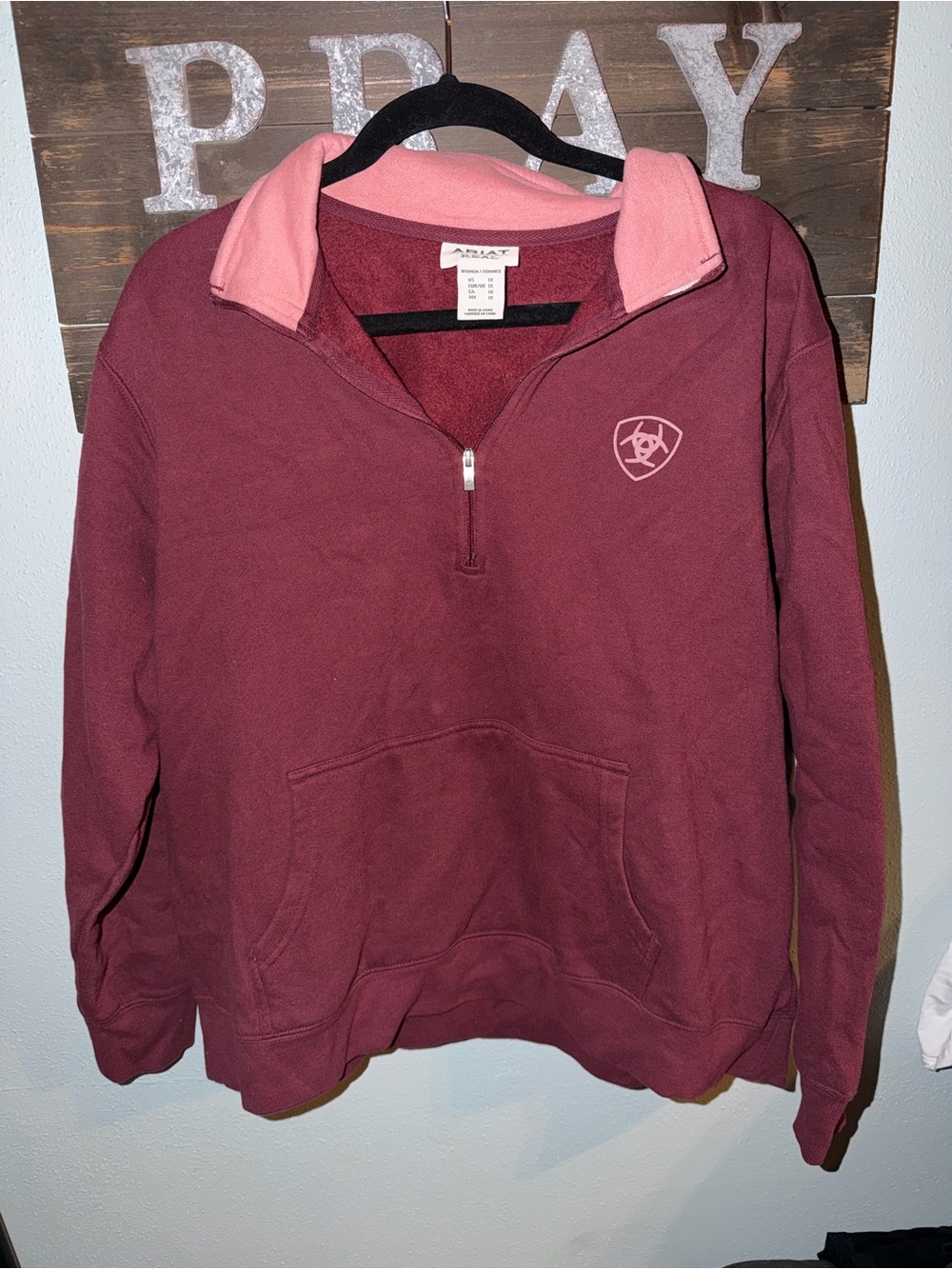 Ariat Maroon Quarter-Zip Pullover with Pink Collar